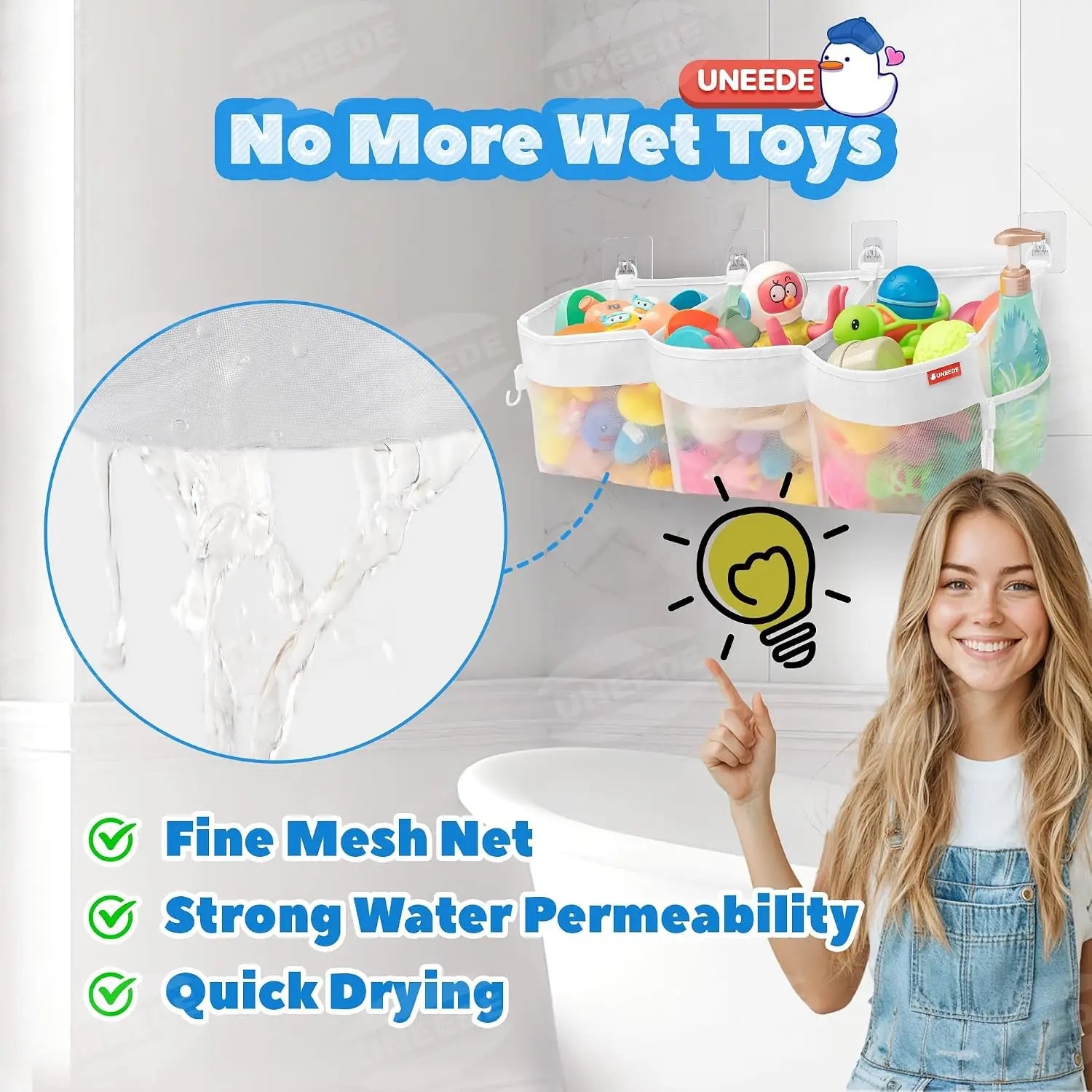 Large 3-Compartment Bath Toy Organizer, 4.95 Gal Mesh Storage for Tub, Quick-Dry Holder with Sticky Mount, Holds 22 lbs