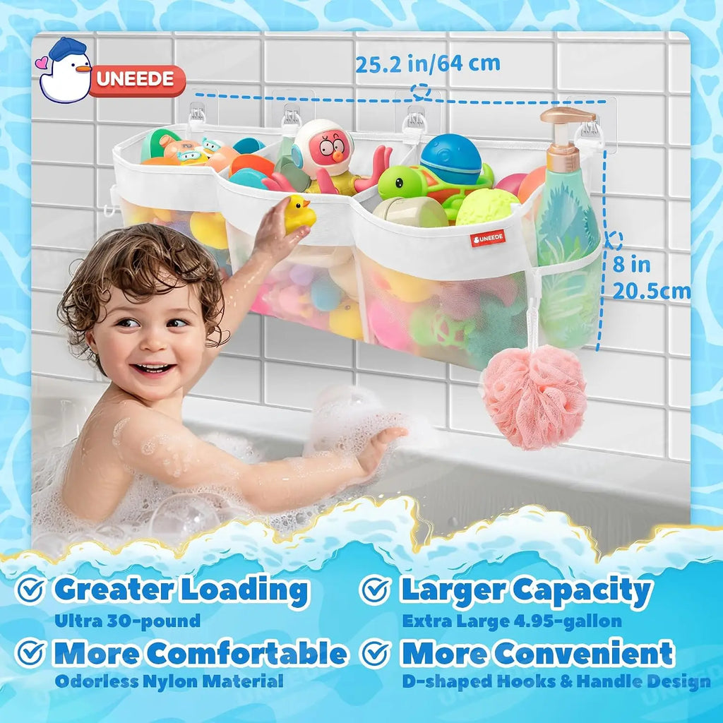 Large 3-Compartment Bath Toy Organizer, 4.95 Gal Mesh Storage for Tub, Quick-Dry Holder with Sticky Mount, Holds 22 lbs