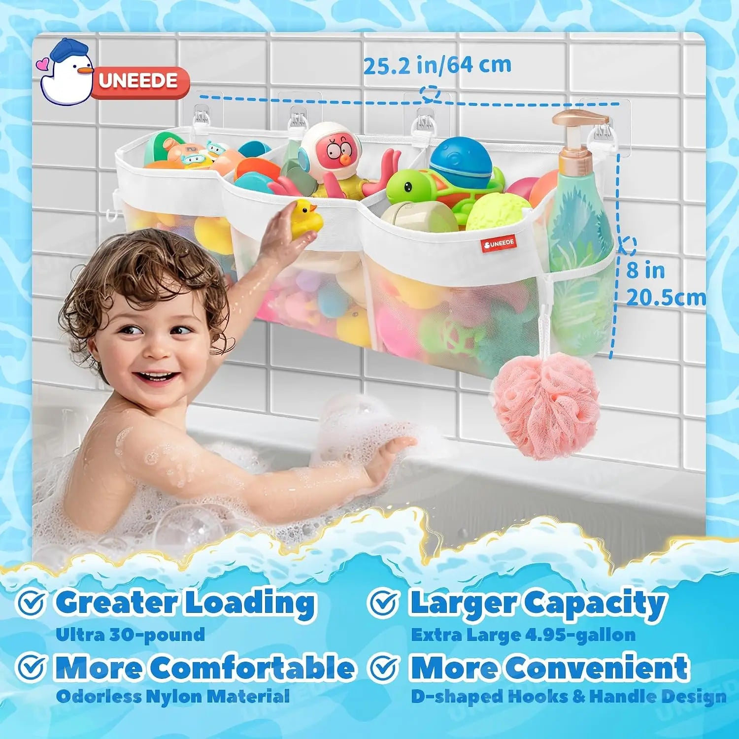 Large 3-Compartment Bath Toy Organizer, 4.95 Gal Mesh Storage for Tub, Quick-Dry Holder with Sticky Mount, Holds 22 lbs
