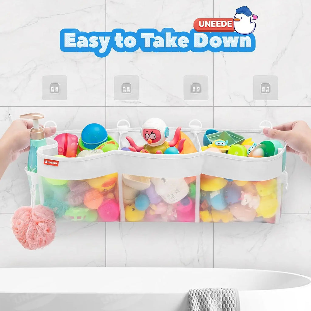 Large 3-Compartment Bath Toy Organizer, 4.95 Gal Mesh Storage for Tub, Quick-Dry Holder with Sticky Mount, Holds 22 lbs