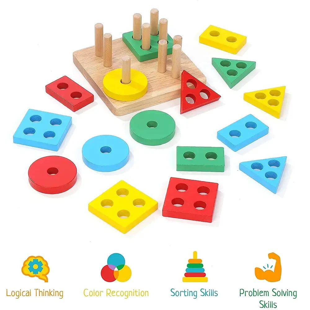 Wooden Shape Sorter Stacking Toy Montessori Color Shape Recognition Puzzle Early Educational Learning Toy Toddler Gift