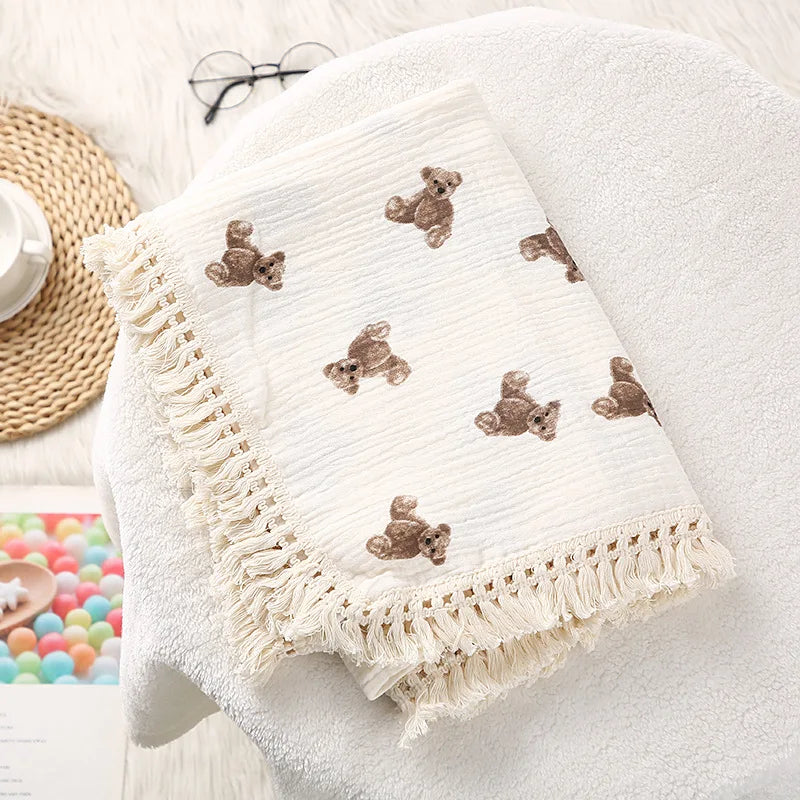 Cute Bear Cotton Baby Blanket for Newborn Plaid Muslin Squares Infant Swaddle Blanket Babies Accessories Bedding Thin Quilt
