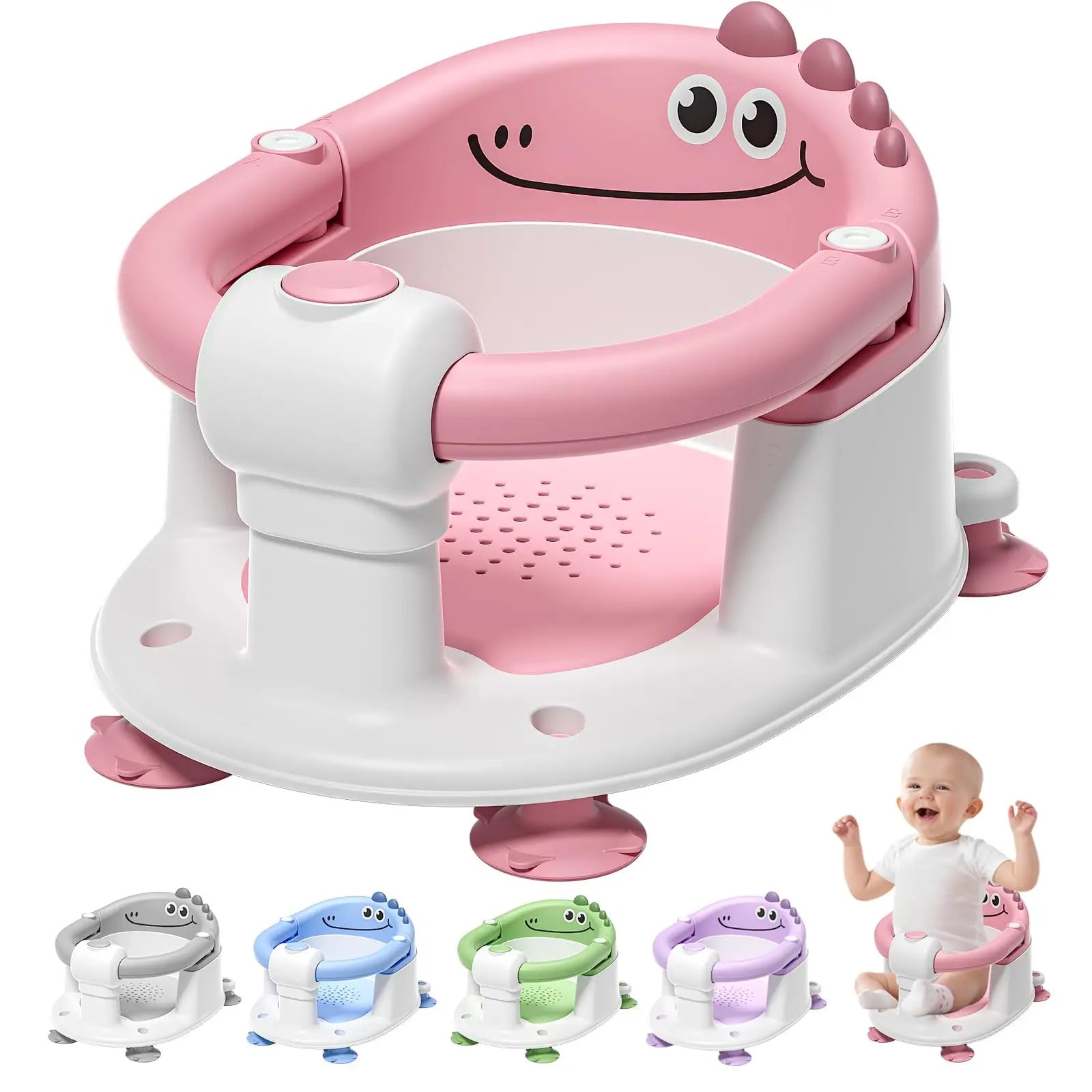 Baby Bath Seat with Non-Slip Suction Cups & Soft Cushion, Dinosaur Design Infant Bathtub Chair with Adjustable Safety Harness