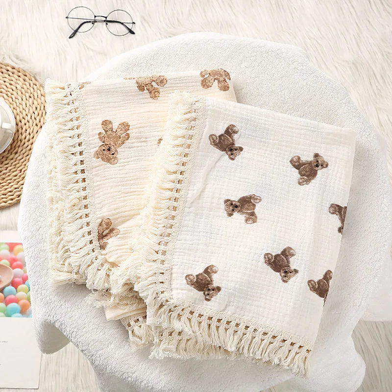 Cute Bear Cotton Baby Blanket for Newborn Plaid Muslin Squares Infant Swaddle Blanket Babies Accessories Bedding Thin Quilt