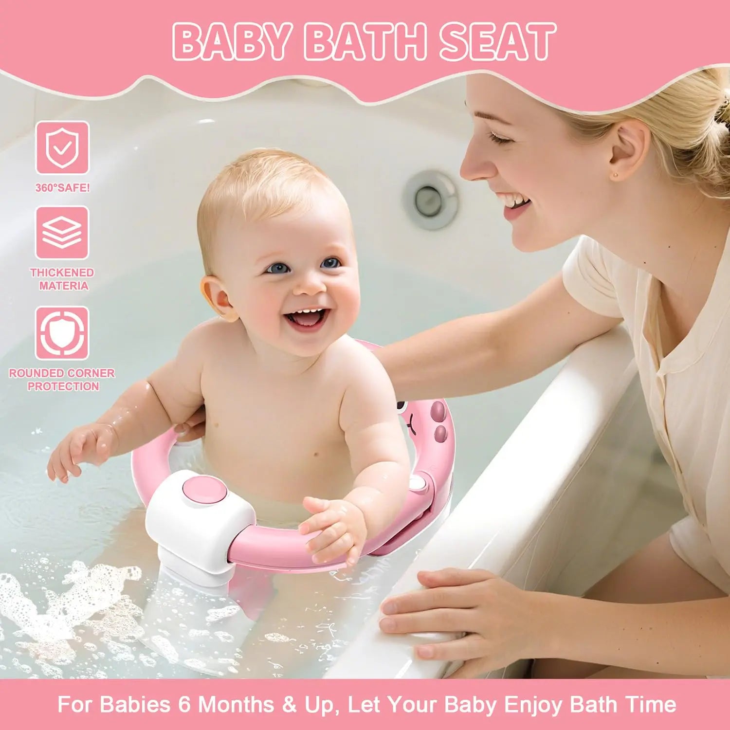 Baby Bath Seat with Non-Slip Suction Cups & Soft Cushion, Dinosaur Design Infant Bathtub Chair with Adjustable Safety Harness