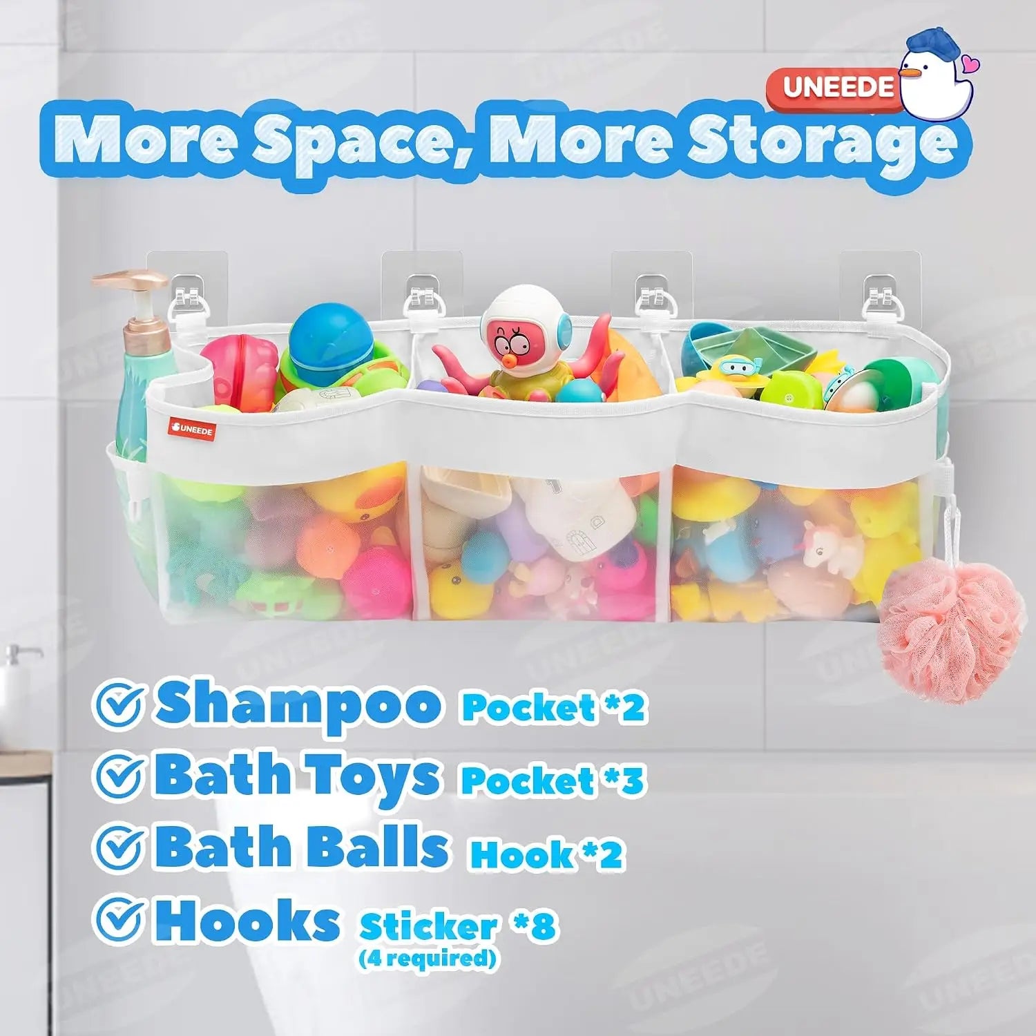 Large 3-Compartment Bath Toy Organizer, 4.95 Gal Mesh Storage for Tub, Quick-Dry Holder with Sticky Mount, Holds 22 lbs