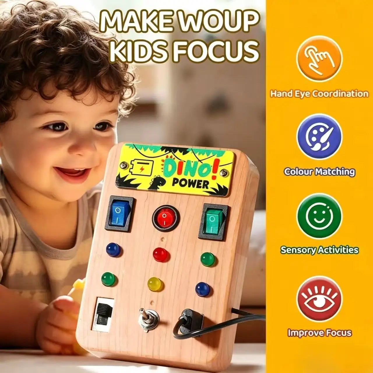 Montessori Busy Board with 8 LED light switches, sensory toy, travel toy, suitable for infants and toddlers aged 1 year and up.