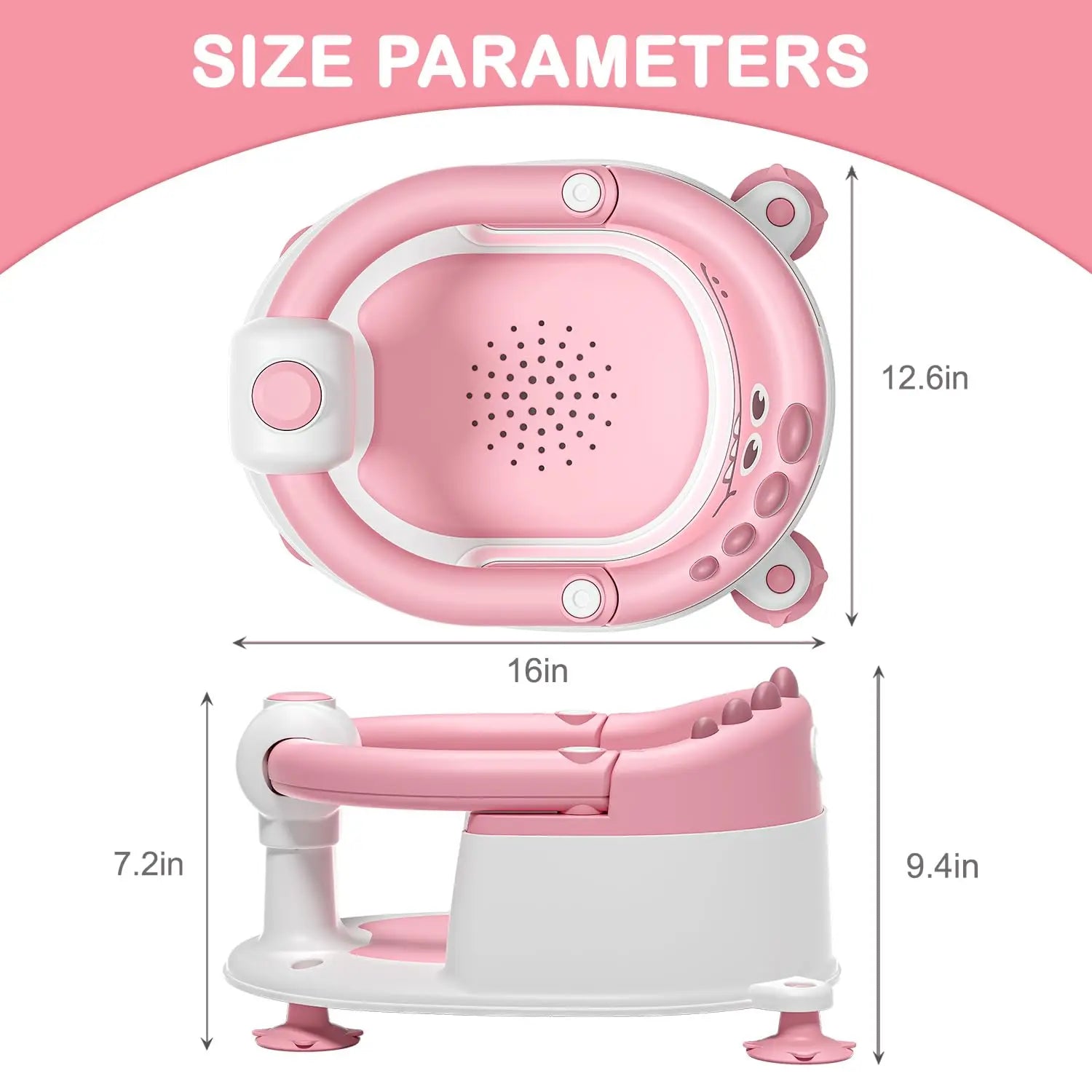 Baby Bath Seat with Non-Slip Suction Cups & Soft Cushion, Dinosaur Design Infant Bathtub Chair with Adjustable Safety Harness