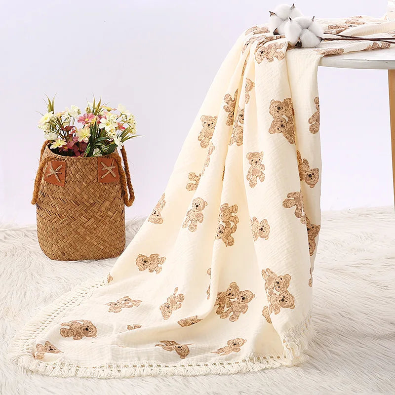 Cute Bear Cotton Baby Blanket for Newborn Plaid Muslin Squares Infant Swaddle Blanket Babies Accessories Bedding Thin Quilt