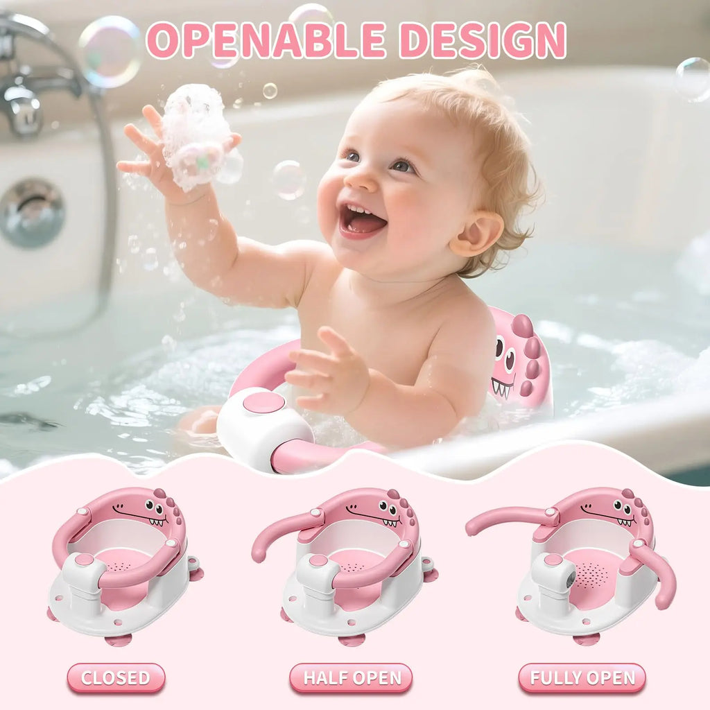 Baby Bath Seat with Non-Slip Suction Cups & Soft Cushion, Dinosaur Design Infant Bathtub Chair with Adjustable Safety Harness