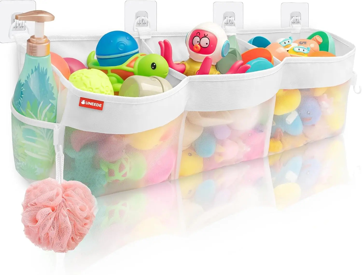 Large 3-Compartment Bath Toy Organizer, 4.95 Gal Mesh Storage for Tub, Quick-Dry Holder with Sticky Mount, Holds 22 lbs