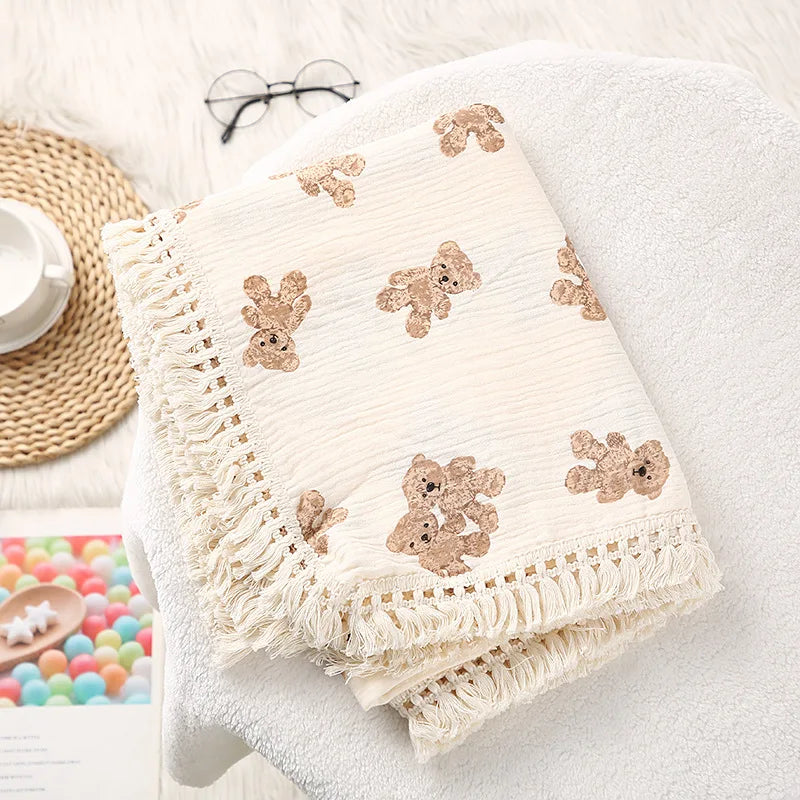 Cute Bear Cotton Baby Blanket for Newborn Plaid Muslin Squares Infant Swaddle Blanket Babies Accessories Bedding Thin Quilt
