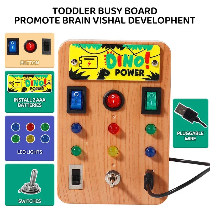 Montessori Busy Board with 8 LED light switches, sensory toy, travel toy, suitable for infants and toddlers aged 1 year and up.