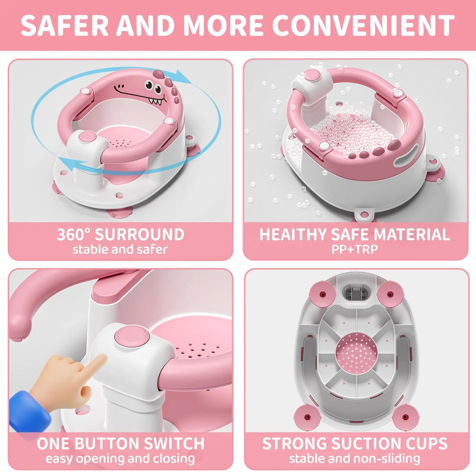 Baby Bath Seat with Non-Slip Suction Cups & Soft Cushion, Dinosaur Design Infant Bathtub Chair with Adjustable Safety Harness